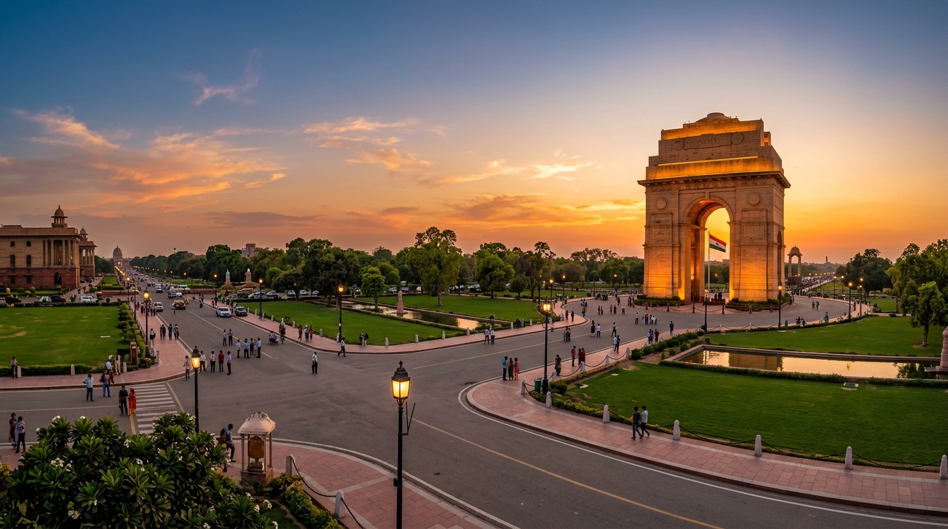 India Gate memorial arch and Kartavya Path at sunset