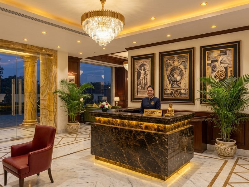 Godwin Hotels New Delhi luxury reception lobby with professional receptionist at marble front desk, crystal chandelier, and golden Buddha statue — boutique hotel in Paharganj