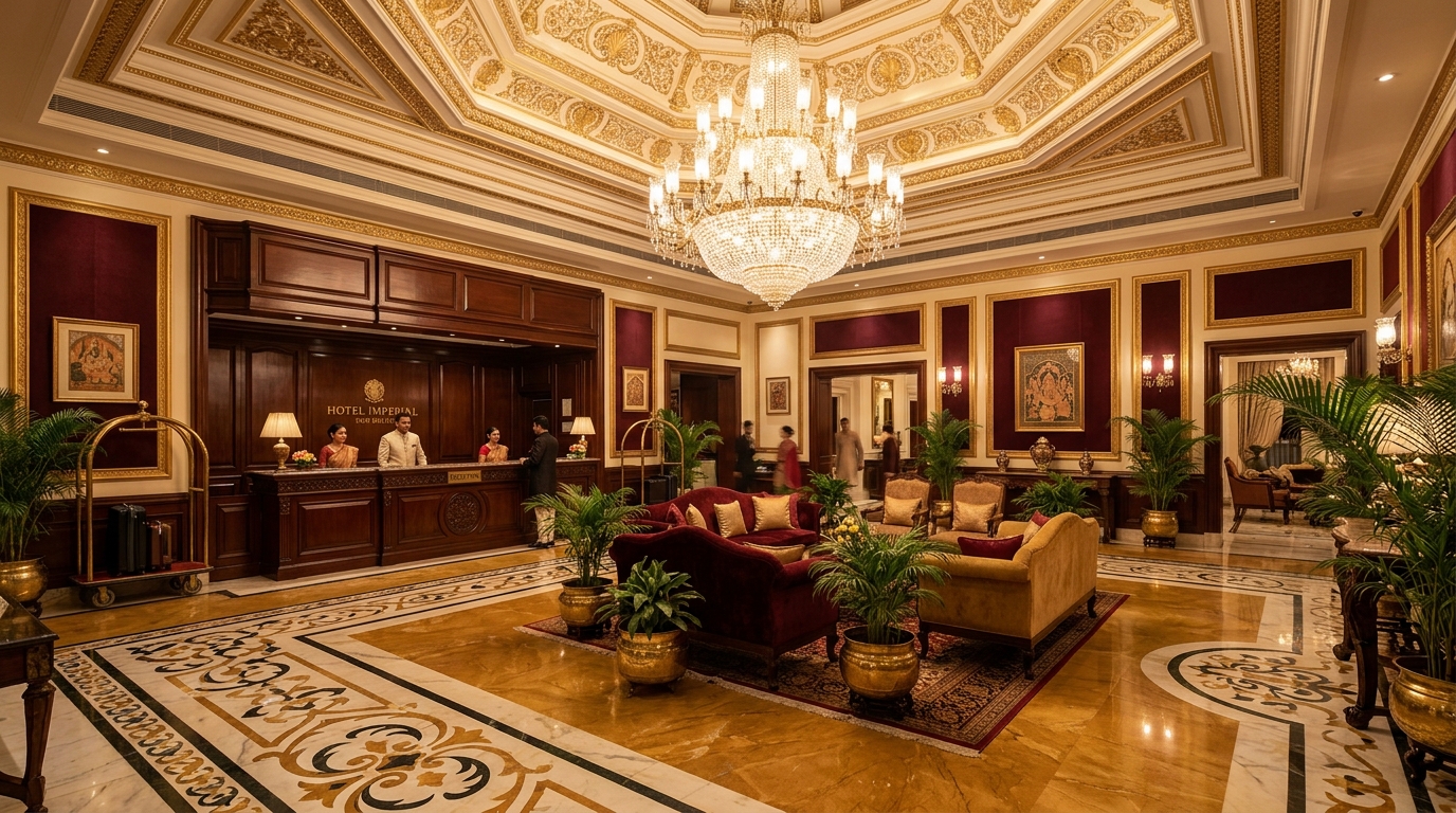 Opulent lobby of Hotel Grand Godwin, New Delhi with chandelier and marble floors