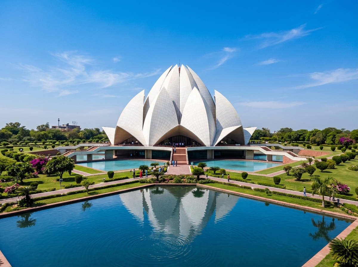 Lotus Temple Bahai house of worship white marble petals