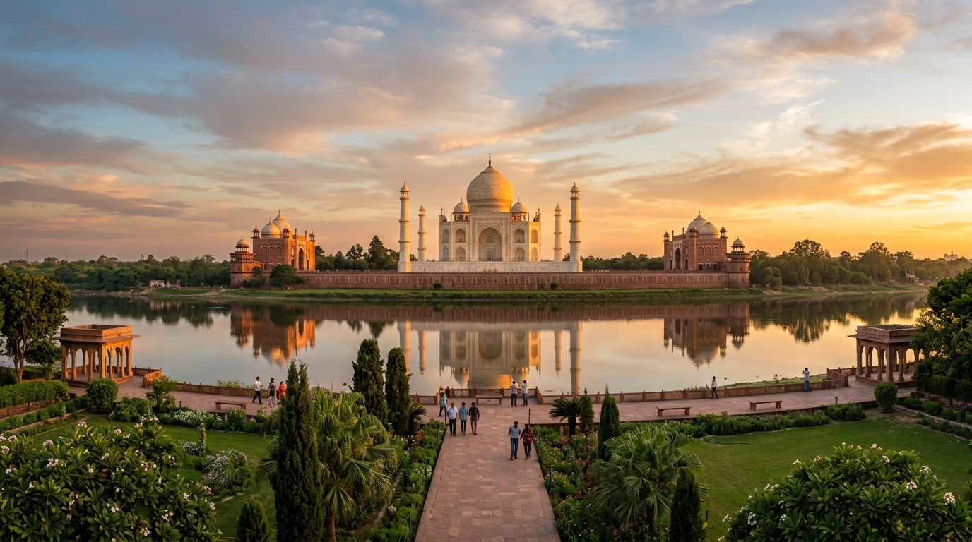 Sunset reflection view of Taj Mahal from Mehtab Bagh across Yamuna river