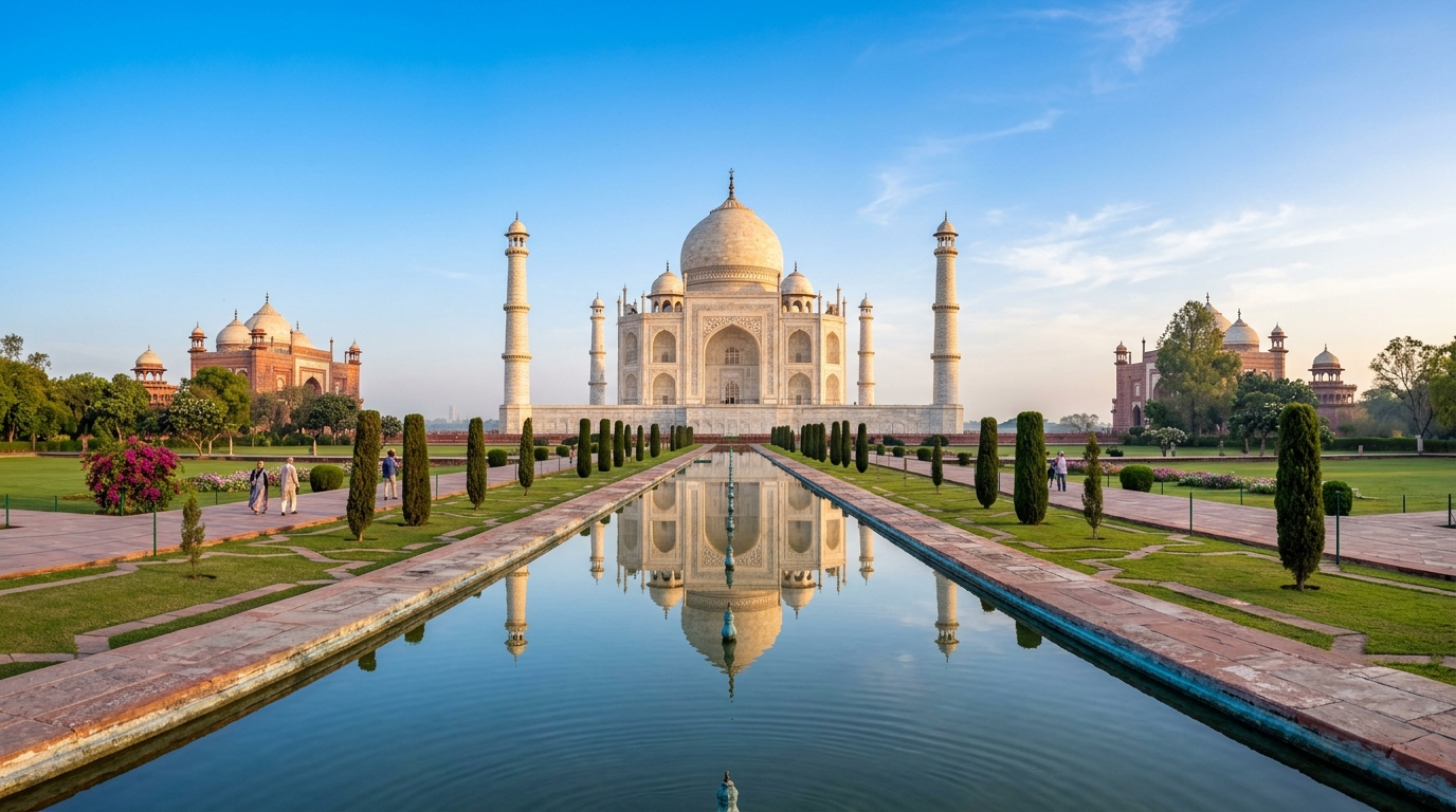 Majestic Taj Mahal with reflecting pool water in Agra India